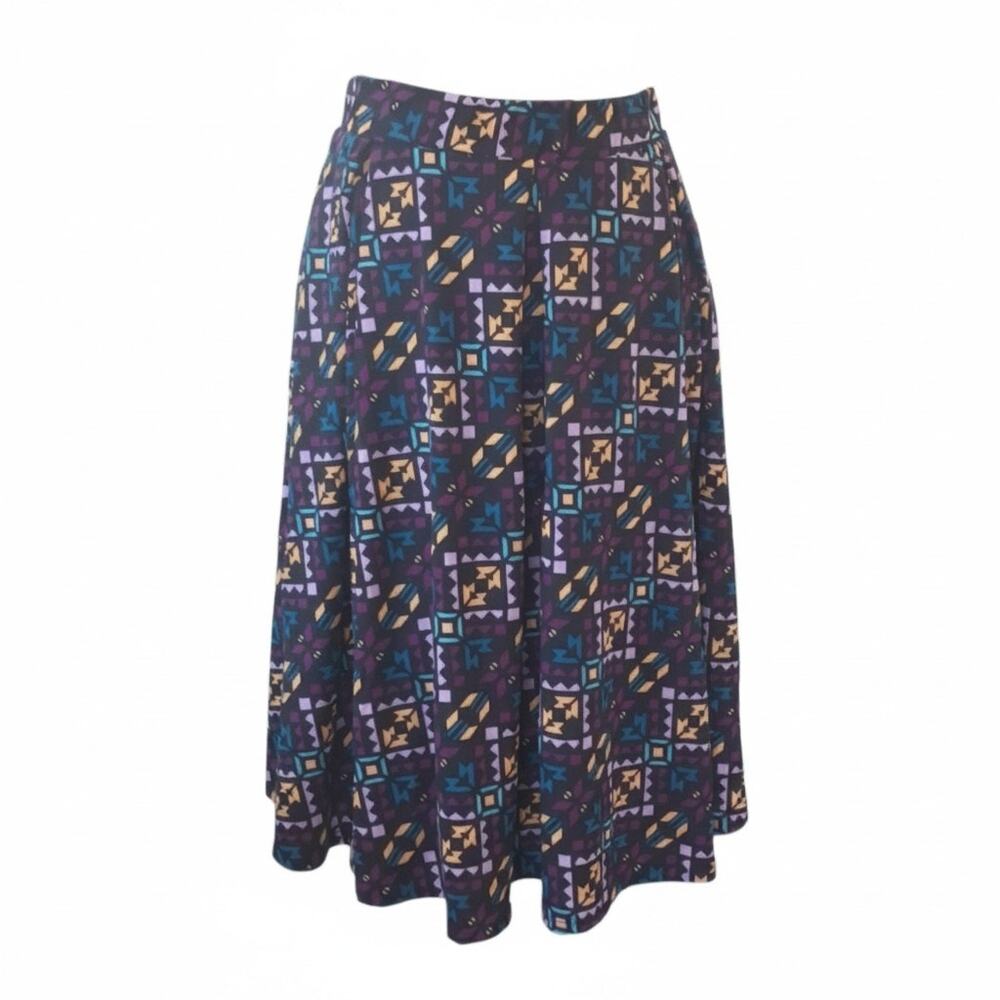 LuLaRoe Women Box Pleat Skirt Multicolor Design Elastic Waistband Pockets Size L